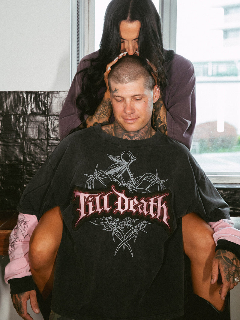Till Death 4.0 Layered Tee - Washed Black/Pink