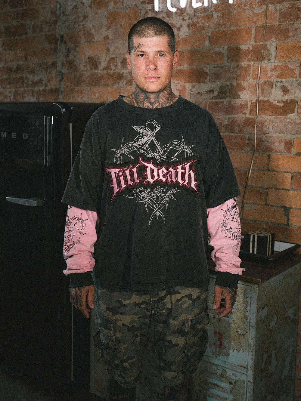 Till Death 4.0 Layered Tee - Washed Black/Pink