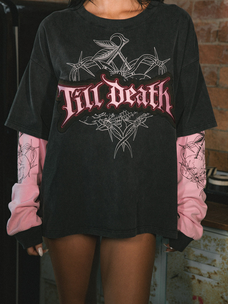 Till Death 4.0 Layered Tee - Washed Black/Pink
