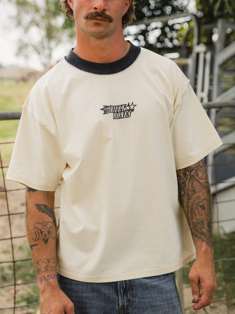 Flames Contrast Rib Tee - Cream/Black