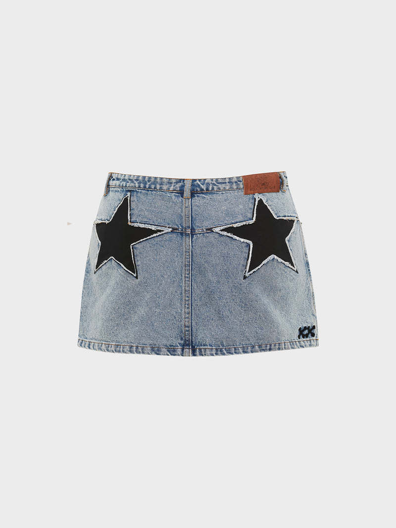 Star Studded Denim Skirt - Washed Blue