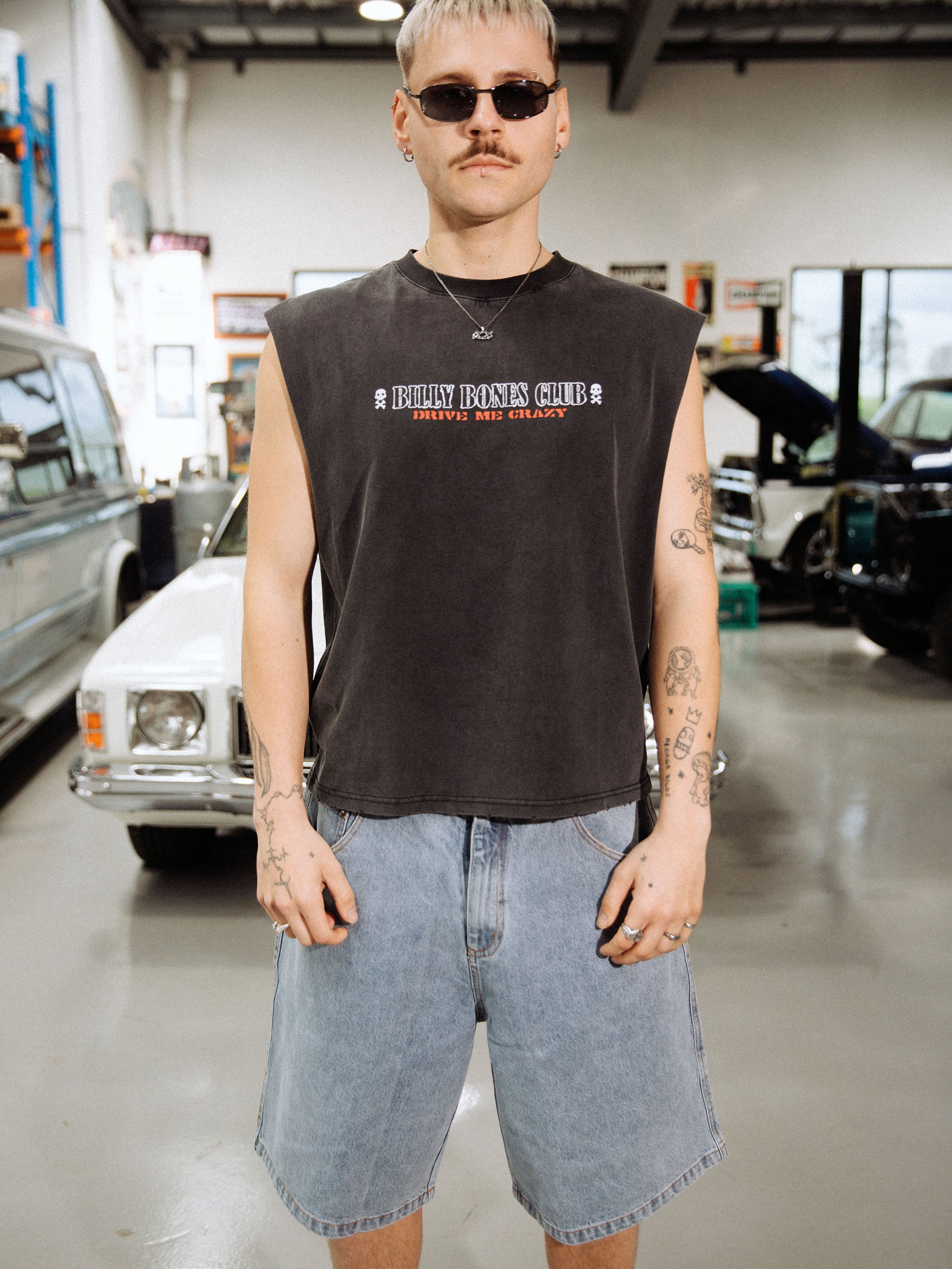 Drive Me Crazy Muscle Tee - Washed Black