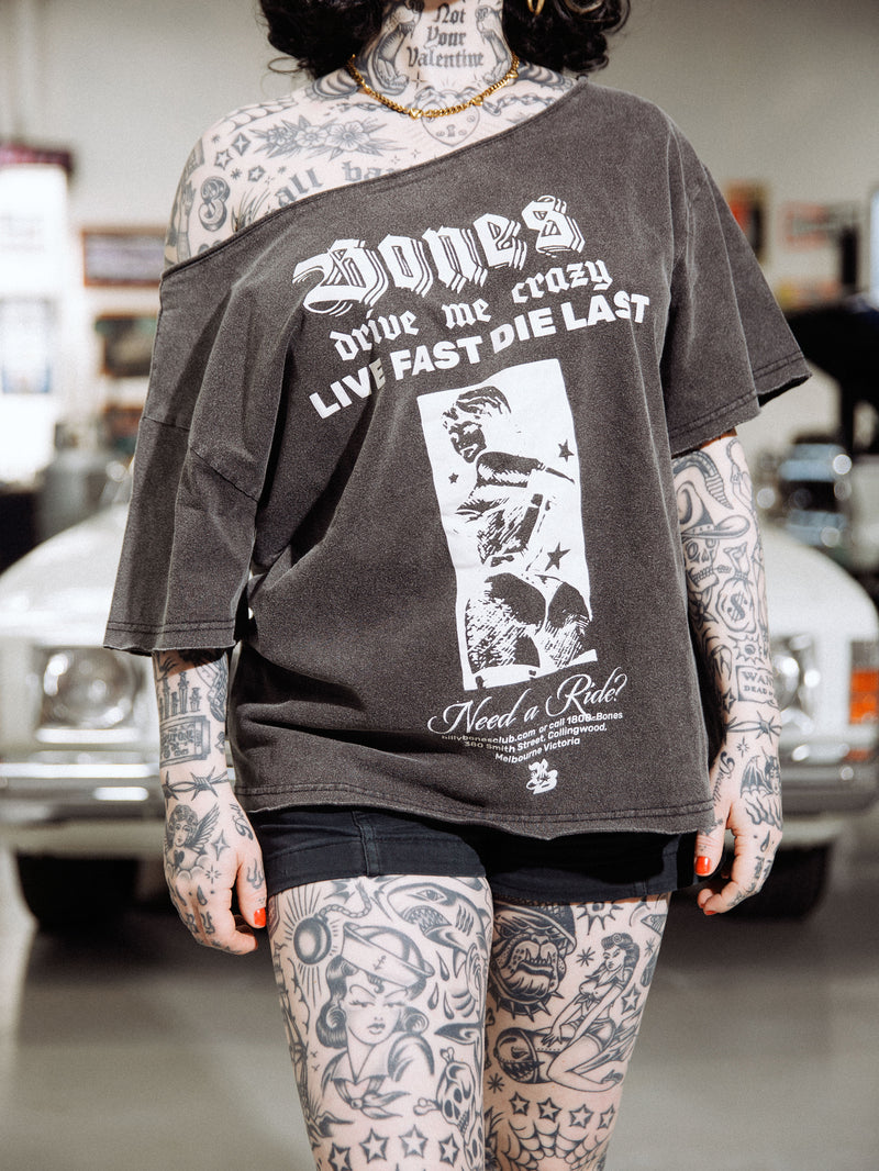 Live Fast Off Shoulder Tee - Washed Black