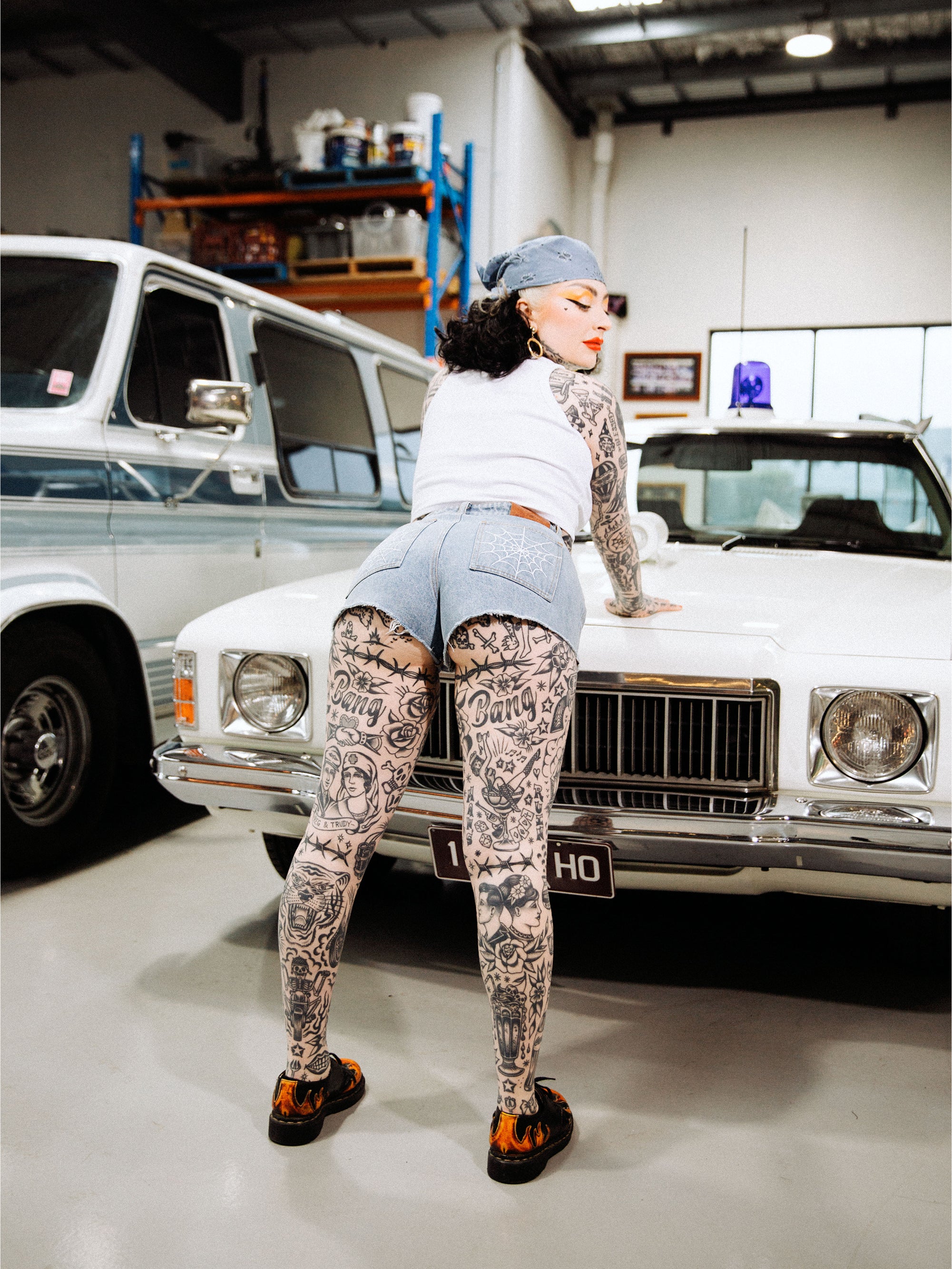 Webbed Denim Mini Shorts - Washed Blue