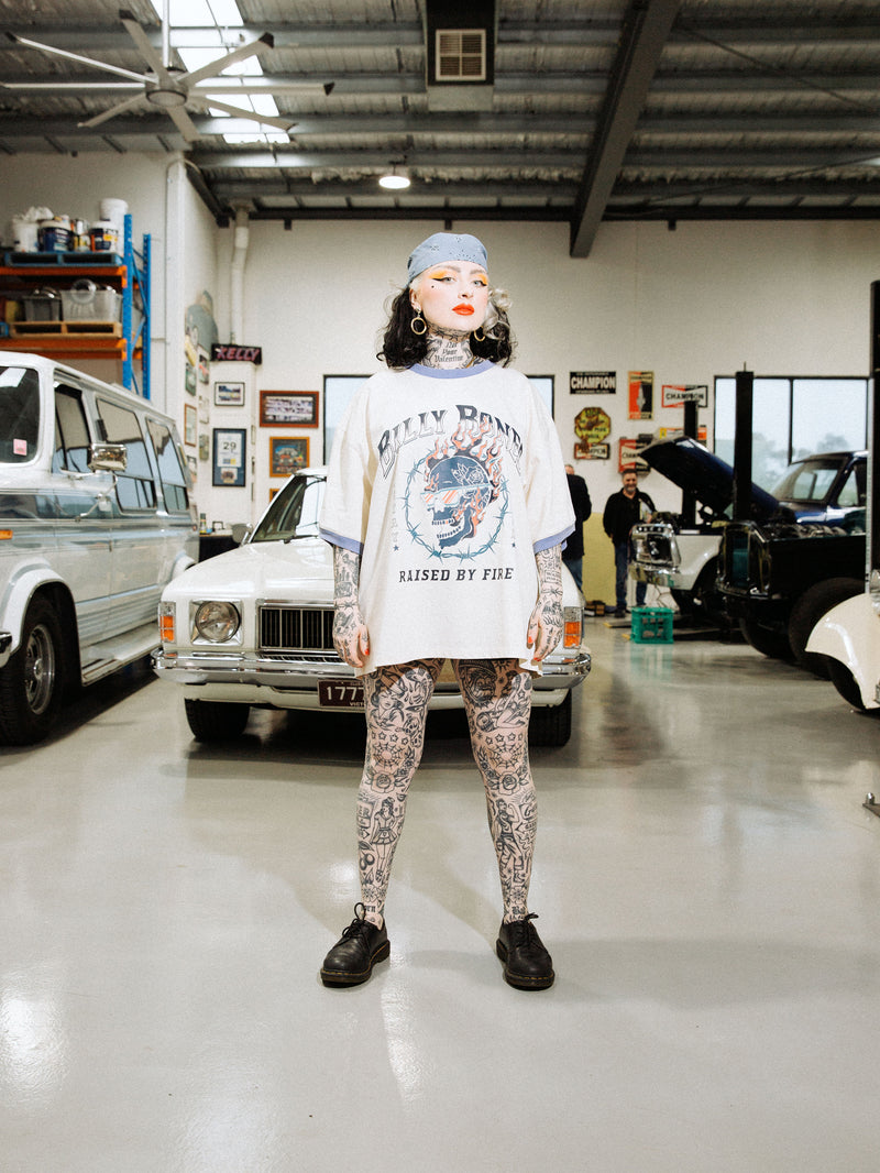 Raised By Fire Ringer Tee - Vintage White/Blue