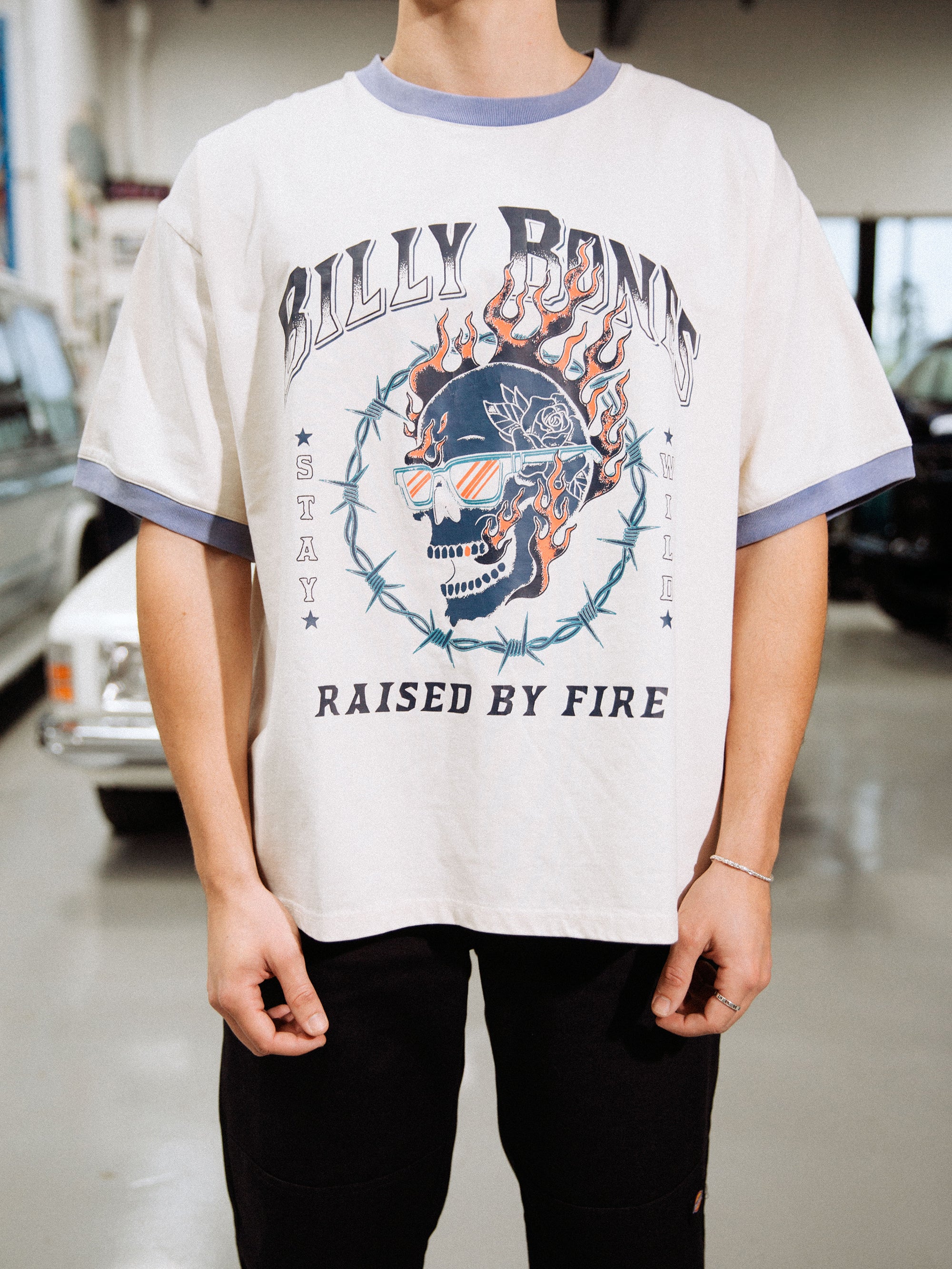 Raised By Fire Ringer Tee - Vintage White/Blue