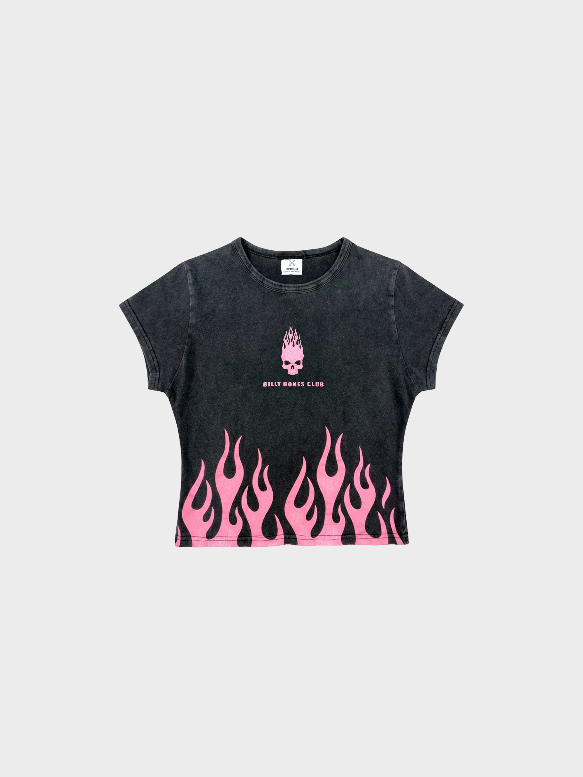 Burning Skull Baby Tee - Washed Black/Pink