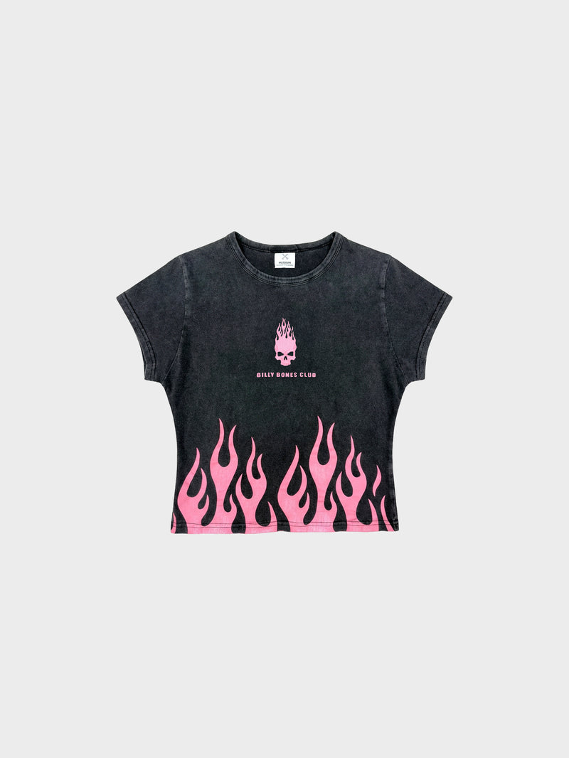 Burning Skull Baby Tee - Washed Black/Pink
