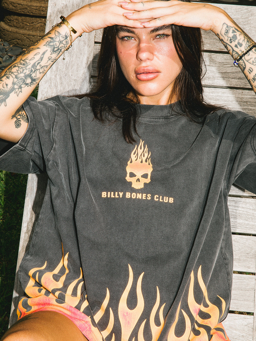 Burning Skull Boxy Tee - Washed Black/Flame