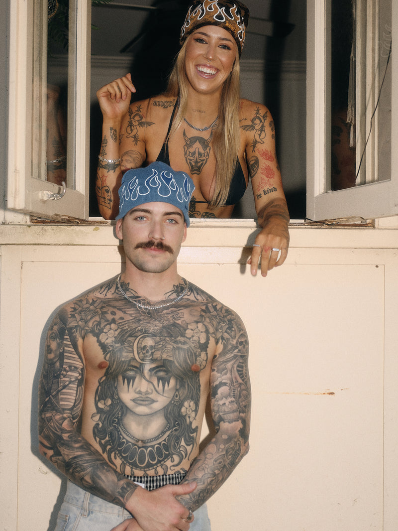 Burner Skull Beanie - Washed Blue