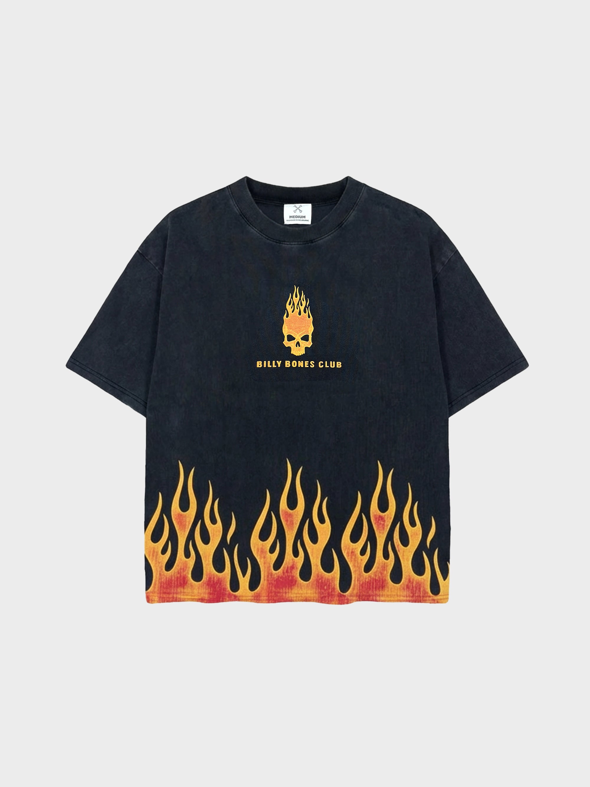Burning Skull Boxy Tee - Washed Black/Flame | Billy Bones Club