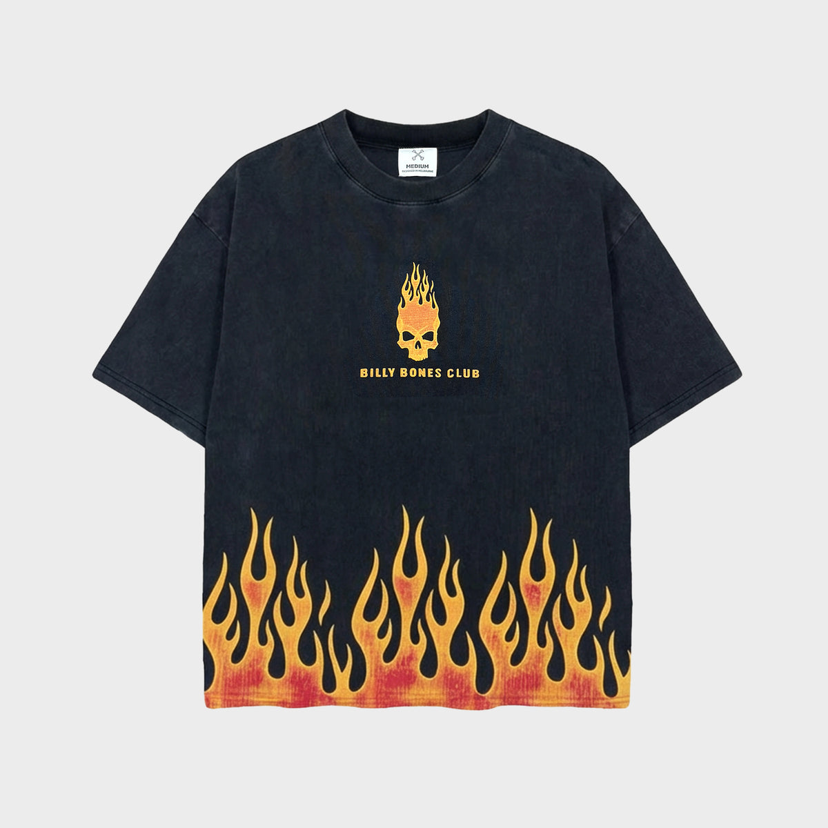 Burning Skull Boxy Tee - Washed Black/Flame | Billy Bones Club