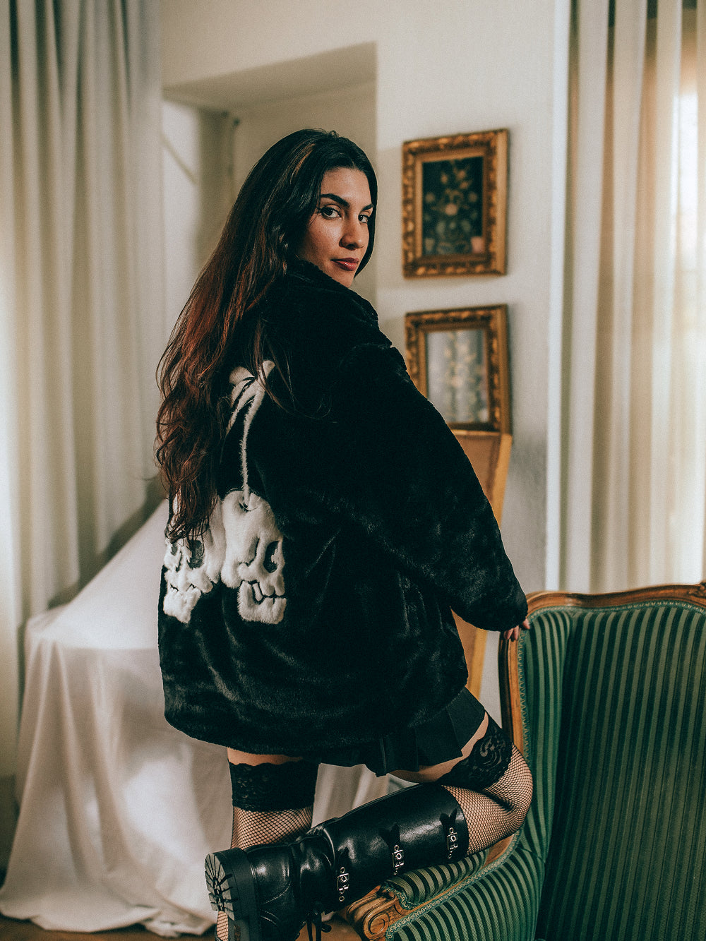 Cherry Skulls Fur Jacket - Black