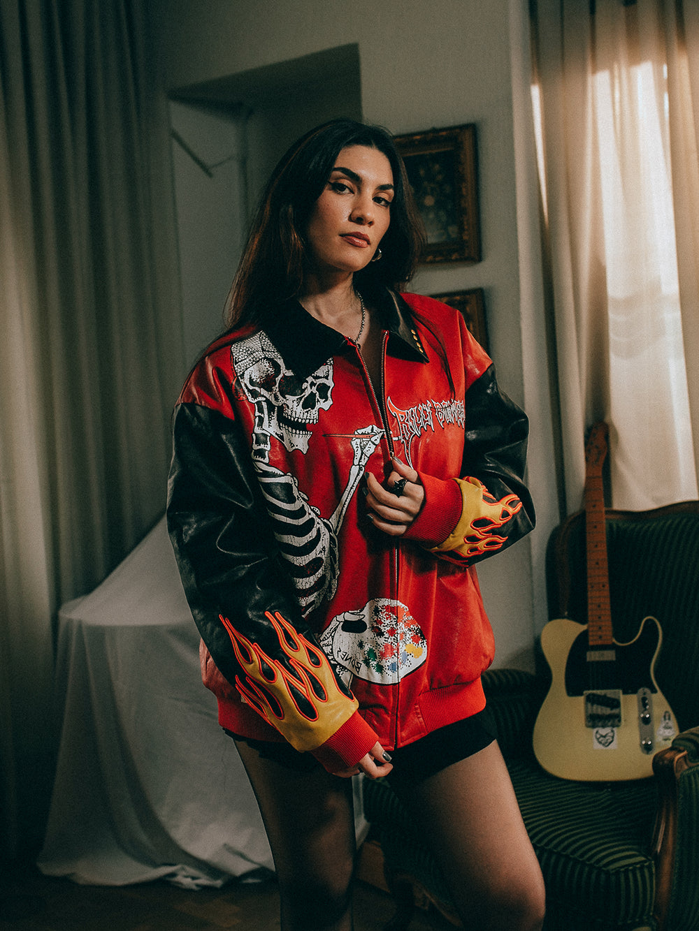 Art of 0 F*cks Leather Jacket - Black/Crimson