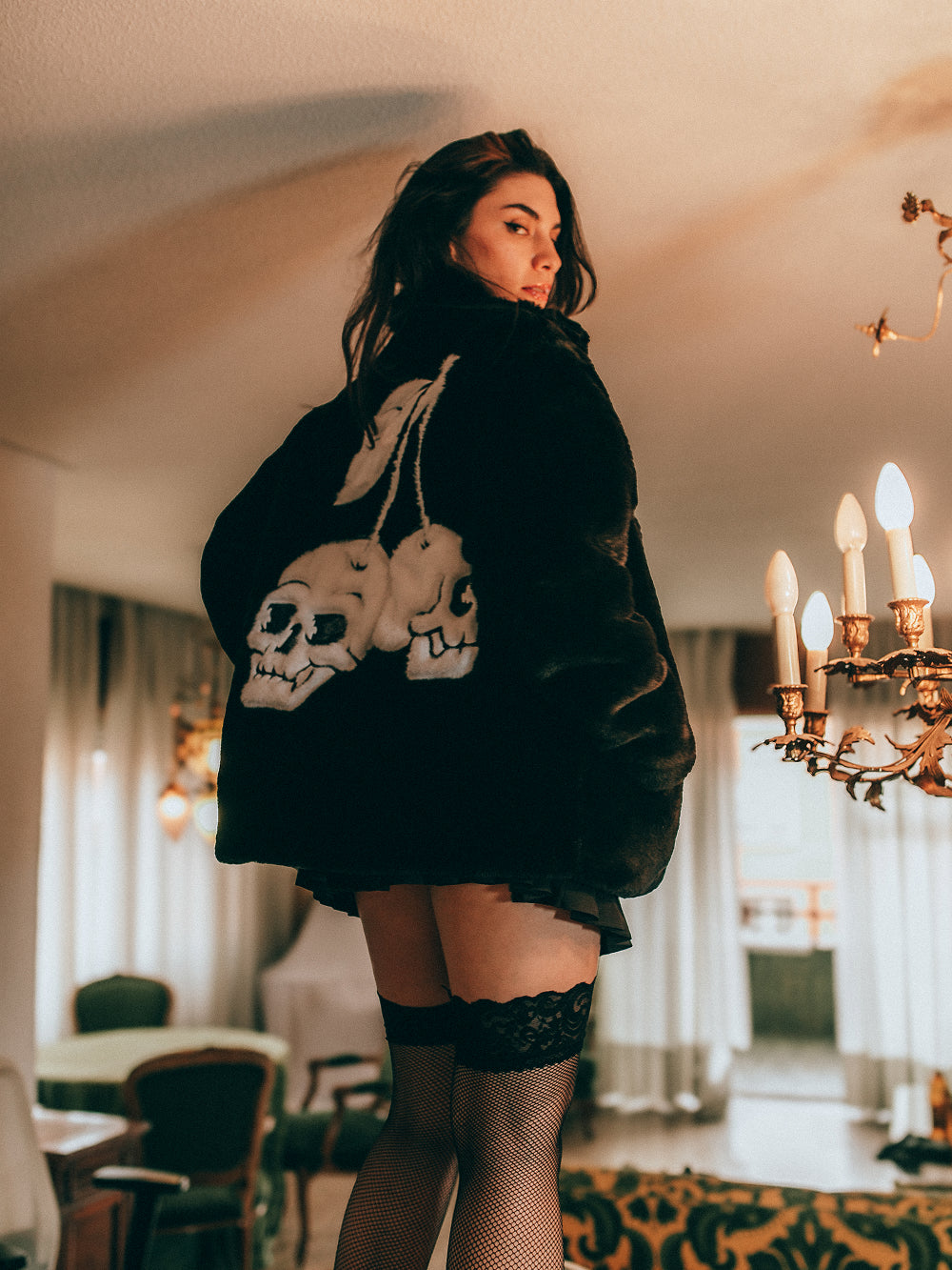 Cherry Skulls Fur Jacket - Black